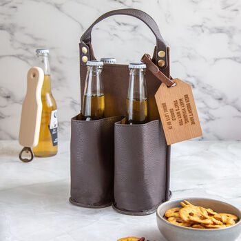Personalised Leather Beer Caddy With Gift Tag, 3 of 7