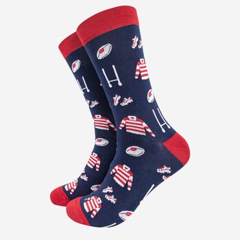 Men's Bamboo Socks Navy Red Rugby, 2 of 4