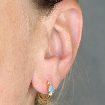 Yellow Gold Plated Turquoise Huggie Hoop Earrings, 2 of 5