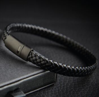 Men's Personalised Engraved Black Braided Leather Bracelet With Custom Engraving, Artisan Jewellery, 3 of 8