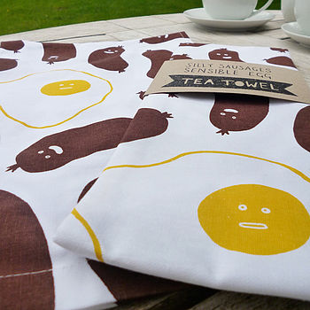 Silly Sausages Sensible Egg Tea Towel, 2 of 2